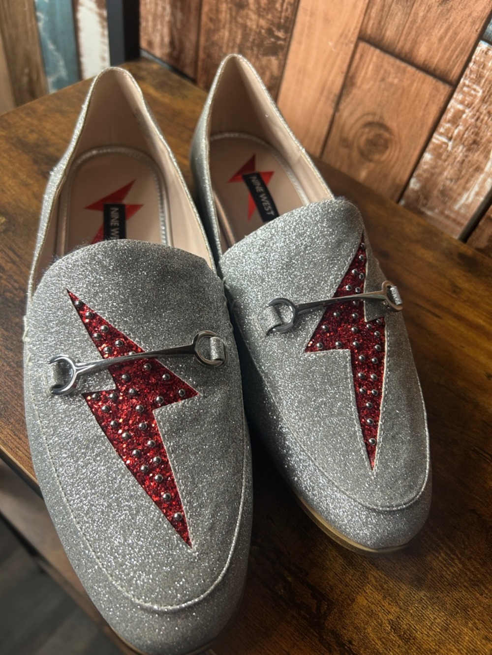 Nine West Silver Glitter Slip-On Loafers with Red Lightning Detail - Picture 5 of 16